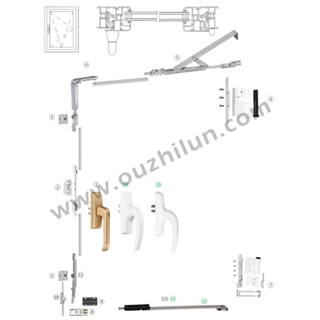 Multi-point locking hardware layout drawing for a tilt and turn window